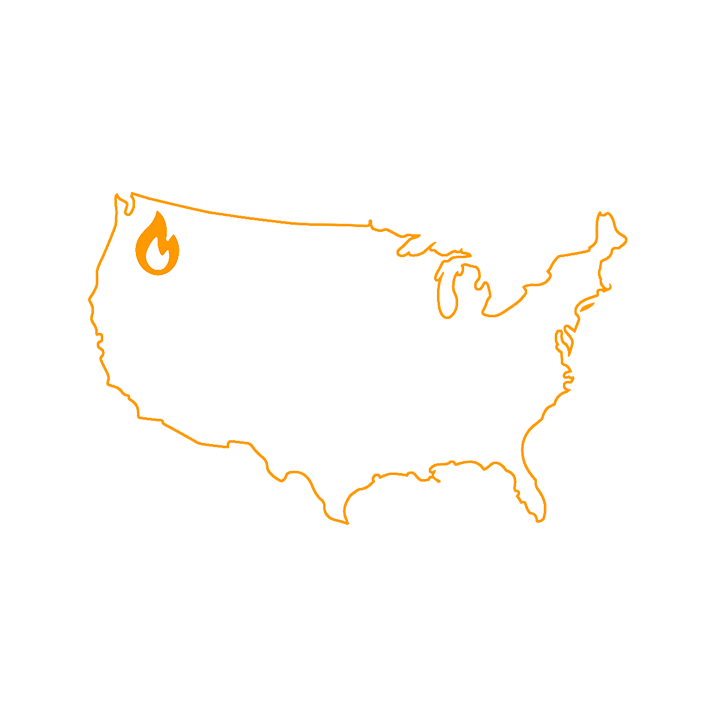 Outline map of the United States with a flame icon over Portland, Oregon, representing where Zutto products are designed and assembled