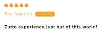 Screenshot of a 5 star customer verified review titled “Zutto experience just out of this world” expressing high satisfaction with the Zutto SP1