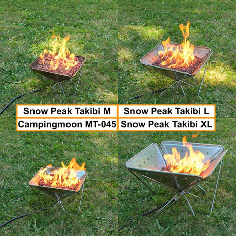 Collage showing the Zutto SP1 smokeless propane gas adapter burning inside Snow Peak Takibi and Campingmoon MT-045 fire pits in multiple sizes for compatible flat-pack setups